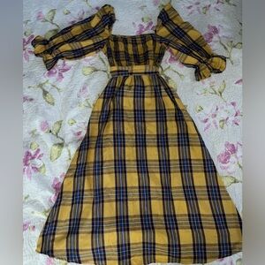 Mustard Plaid Puff-Sleeve Off The Shoulder Maxi Dress